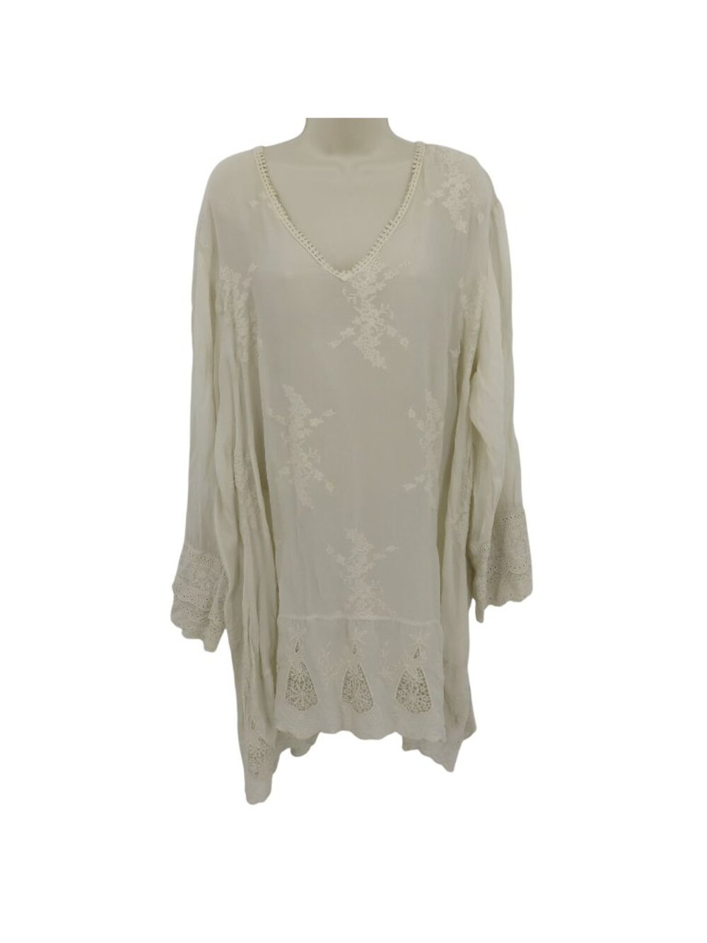 Johnny Was Women Plus Size 1X Ivory Embroidered V Neck Tunic Shirt Top Eyelet